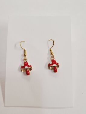 Red Mushroom Drop Earrings - Gold Tone